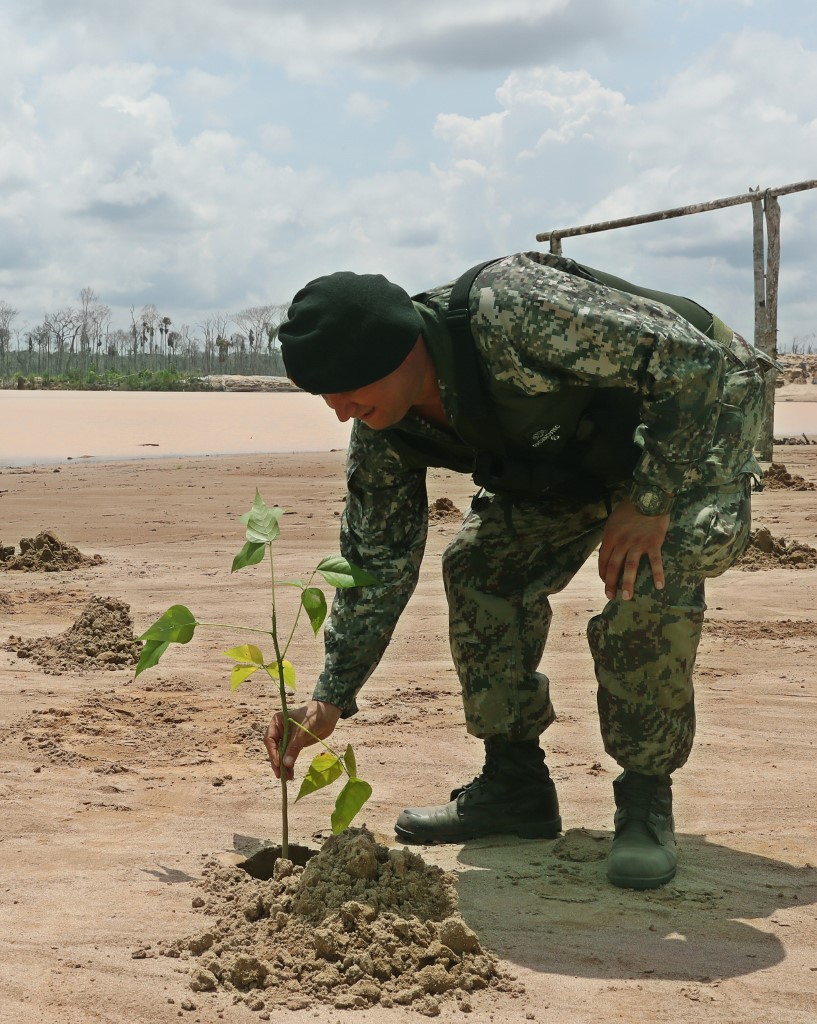 Peruvian military plants a tree at an illegal gold mining camp during a police operation to destroy illegal machinery and equipment in the Amazon jungle